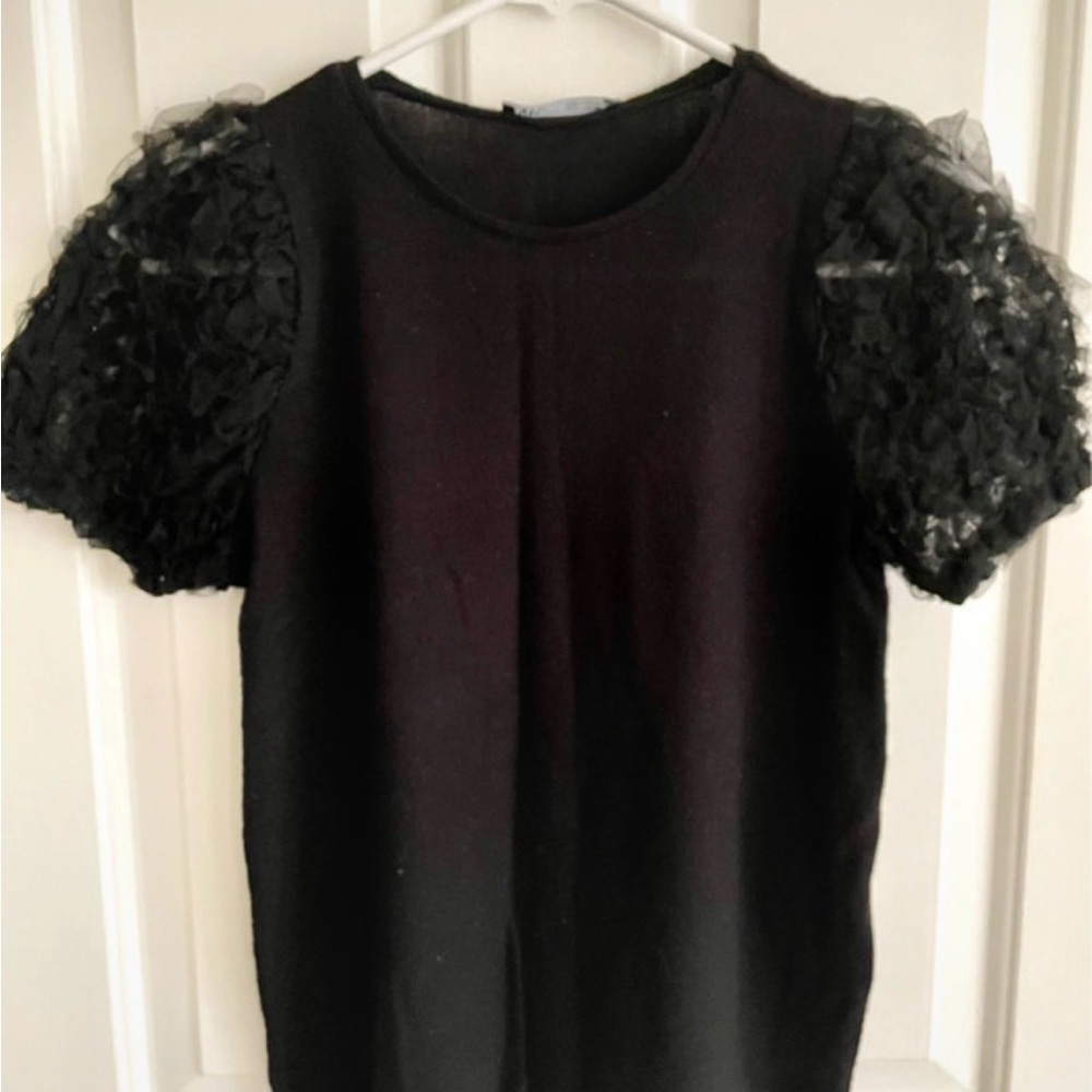 ZARA Black Top with Sheer Puffy Sleeves - Picture 2 of 5